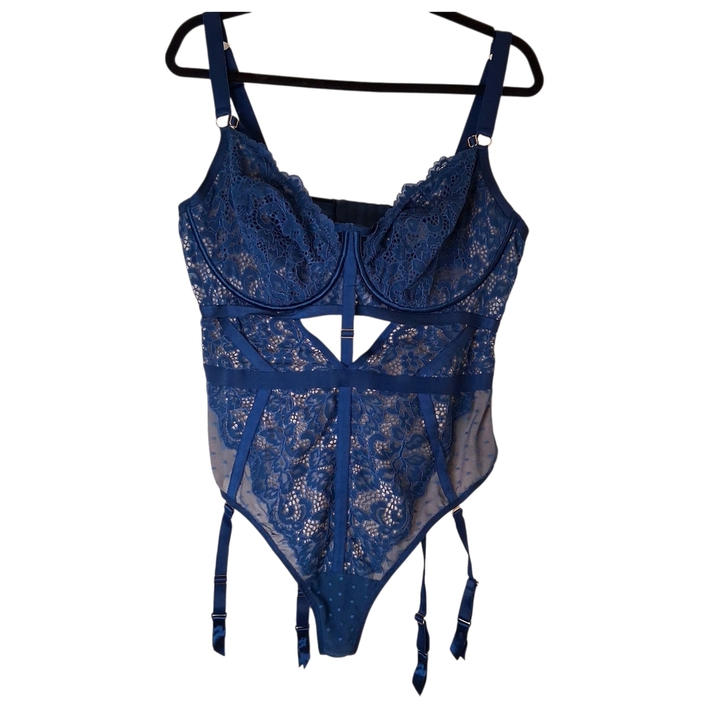 Fox & Royal City Chic Navy Blue Lace Mesh Garter Bodysuit 42DDD/E